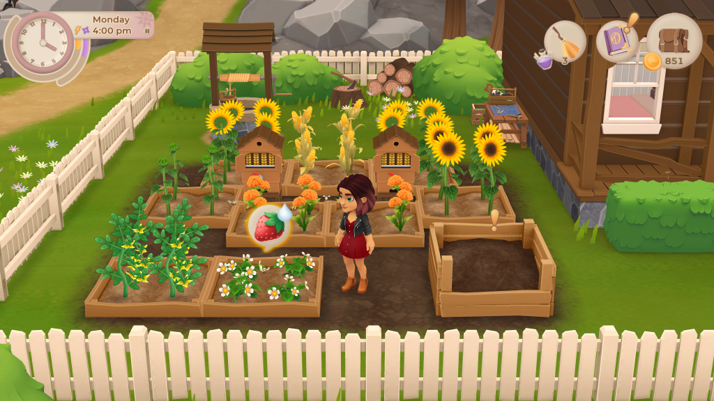 In game screenshot of Wylde Flowers with the UI, Tara standing in front of her garden
